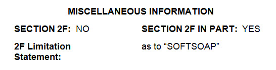 Sample TRAM database view with Section 2F marked as "NO and Section 2F in part marked as "YES" and the 2F Limitation Statement Field containing the wording as to "SOFTSOAP" Sample TRAM database view with Section 2F marked as "NO and Section 2F in part marked as "YES" and the 2F Limitation Statement Field containing the wording as to "SOFTSOAP"