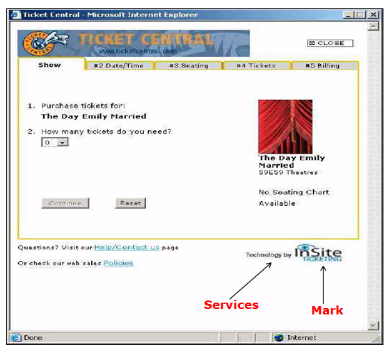 Screenshot of Ticket Central webpage showing the applicant's mark Insite Ticketing for application service provicer services. Screenshot of Ticket Central webpage showing the applicant's mark Insite Ticketing for application service provicer services.
