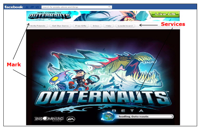Screenshot of Facebook webpage displaying the applicant's mark Outernauts on the launch screen of a video game. Screenshot of Facebook webpage displaying the applicant's mark Outernauts on the launch screen of a video game.