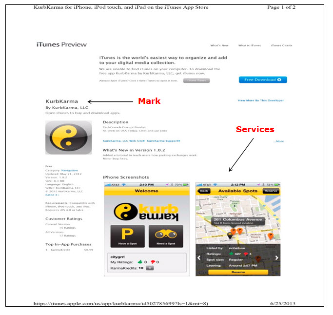 Screenshot of iTues webpage displaying two screenshots of an iPhone, one being the home screen of a computer application and the other being a street map showing available parking spots for the on-line matching services. Screenshot of iTues webpage displaying two screenshots of an iPhone, one being the home screen of a computer application and the other being a street map showing available parking spots for the on-line matching services.