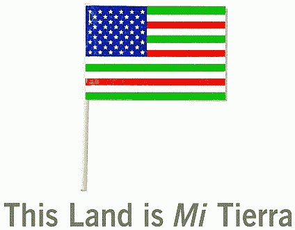 American flag with red, white, and green stripes and the wording "This land is Mi Tierra" American flag with red, white, and green stripes and the wording "This land is Mi Tierra"