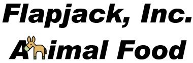 The words Flapjack, Inc. Animal Food. The "N" in animal is represented by a donkey. The words Flapjack, Inc. Animal Food. The "N" in animal is represented by a donkey.