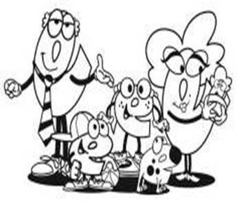 Design of a group of stylized people each in the shape of a lowercase letter 'e' and a fanciful dog also in the shape of a lowercase letter 'e.' Design of a group of stylized people each in the shape of a lowercase letter 'e' and a fanciful dog also in the shape of a lowercase letter 'e.'