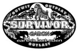 Design comprising an oval design with the stylized wording 'OUTWIT OUTPLAY' and 'OUTLAST', the design of a stylized jungle containing a gorilla, elephants, and snakes and the stylized wording 'SURVIVOR GABON EARTH’S LAST EDEN' within the oval. Design comprising an oval design with the stylized wording 'OUTWIT OUTPLAY' and 'OUTLAST', the design of a stylized jungle containing a gorilla, elephants, and snakes and the stylized wording 'SURVIVOR GABON EARTH’S LAST EDEN' within the oval.