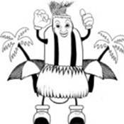 Design comprising a hot dog in a bun with face, hands and feet, wearing a grass skirt and grass hat with two beach umbrellas and two palm trees behind the hot dog. Design comprising a hot dog in a bun with face, hands and feet, wearing a grass skirt and grass hat with two beach umbrellas and two palm trees behind the hot dog.