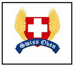 Description: A mark consisting of a red shield with a white cross in the middle, with a set of yellow wheat on the left and right side of the shield; a blue banner at the bottom of the shield with white lettering that reads the words Swiss Oven in the banner; and black shading at the bottom of the blue banner. Description: A mark consisting of a red shield with a white cross in the middle, with a set of yellow wheat on the left and right side of the shield; a blue banner at the bottom of the shield with white lettering that reads the words Swiss Oven in the banner; and black shading at the bottom of the blue banner.