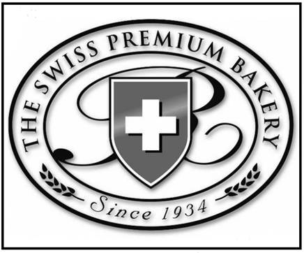 Description: A mark consisting of the wording "THE SWISS PREMIUM BAKERY SINCE 1934" appearing in between a double oval design with a wheat stalk located to the left and right of the wording "SINCE 1934." A stylized letter "B" appears in the center of the inner oval with a design of triangular shield bearing an upright equilateral cross in the middle of the shield. Description: A mark consisting of the wording "THE SWISS PREMIUM BAKERY SINCE 1934" appearing in between a double oval design with a wheat stalk located to the left and right of the wording "SINCE 1934." A stylized letter "B" appears in the center of the inner oval with a design of triangular shield bearing an upright equilateral cross in the middle of the shield.